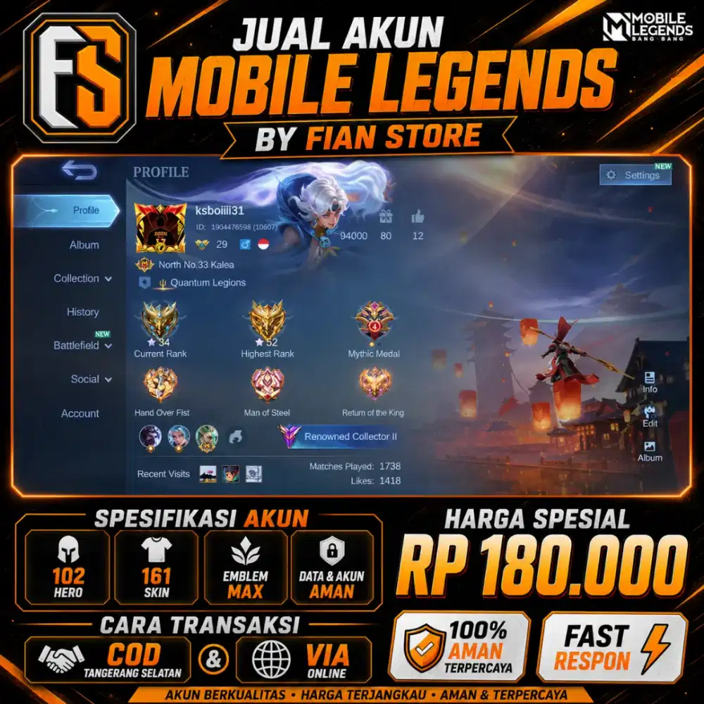 JUAL AKUN MOBILE LEGENDS SKIN 161 BY FIAN STORE
