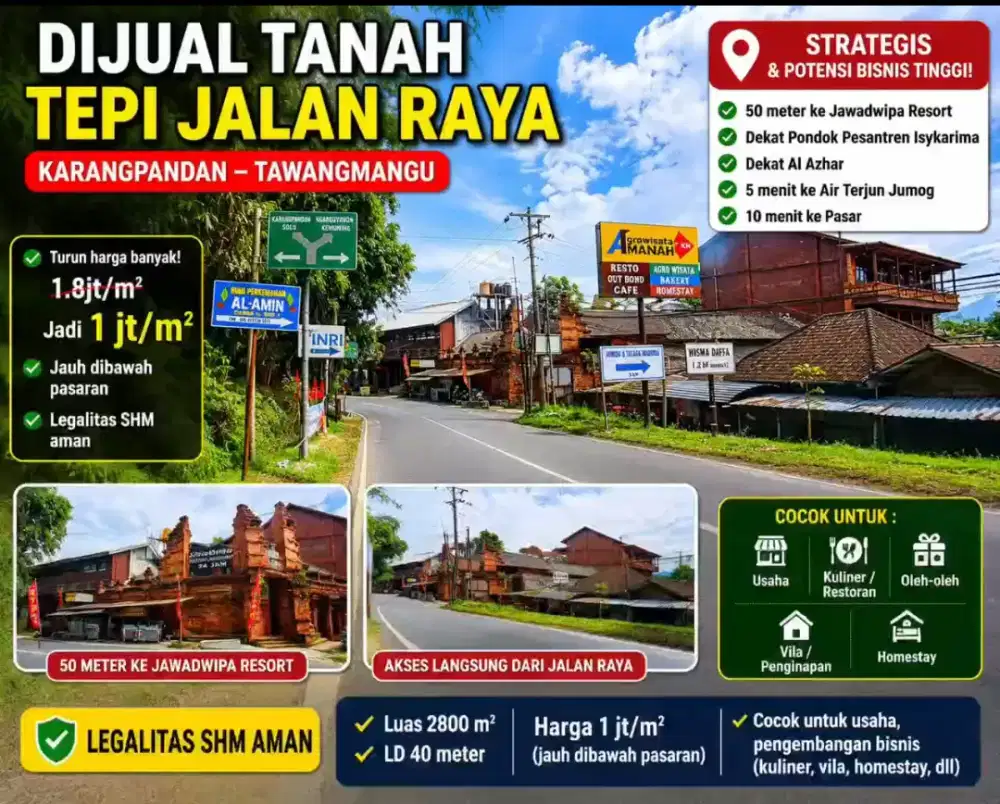 Tanah Strategis Tepi Jl Raya Karangpandan-TW, Dekat Resort Jawadwipa