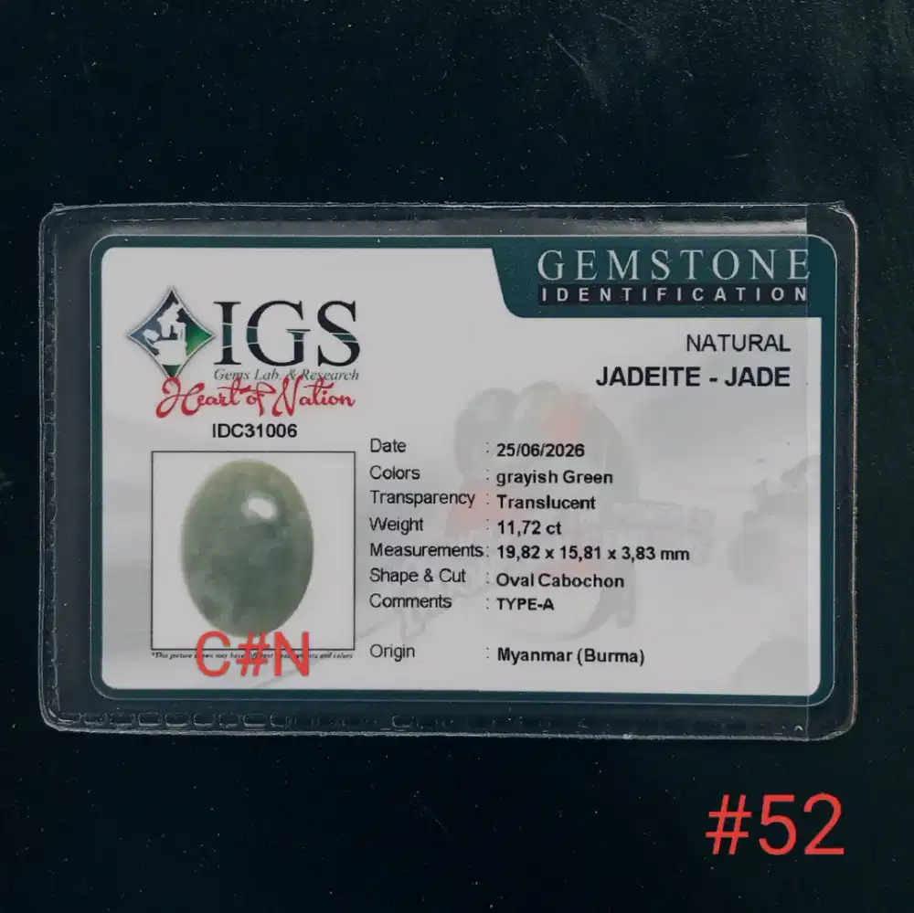 Batu natural jedeite jade type A Burma, gem id card IGS