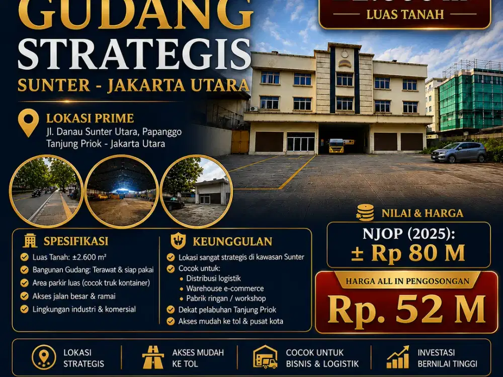 35% Bawah NJOP! Termurah Gudang Strategis 2600m2 di Danau Sunter Utara