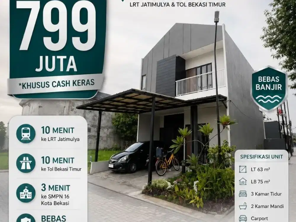 Rumah Dijual di Bekasi Timur 3 Km Stasiun LRT jatimulya, Rumah Baru Bebas Banjir
