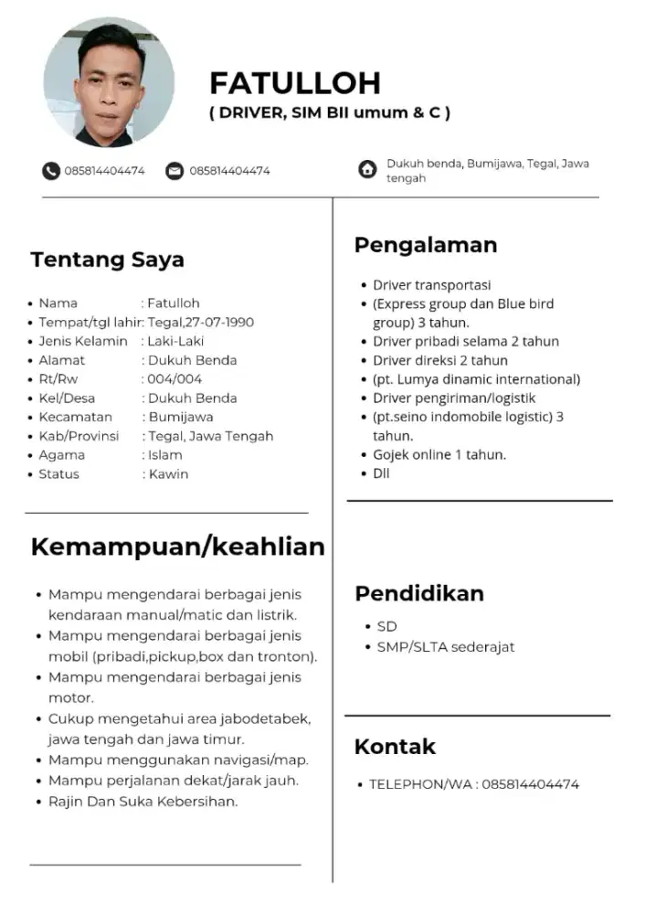 Cari kerja Driver pribadi,direksi,expedisi.