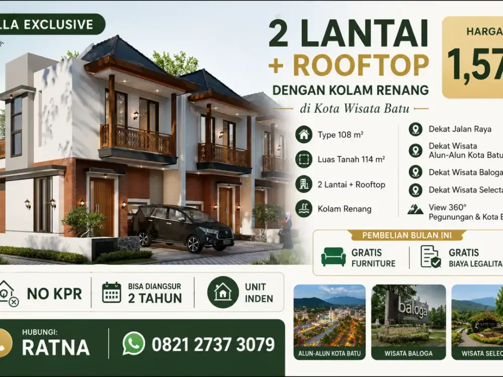 Villa 2 Lantai Rooftop Dekat Alun-Alun Kota Batu | Kolam Renang | Type 108/104