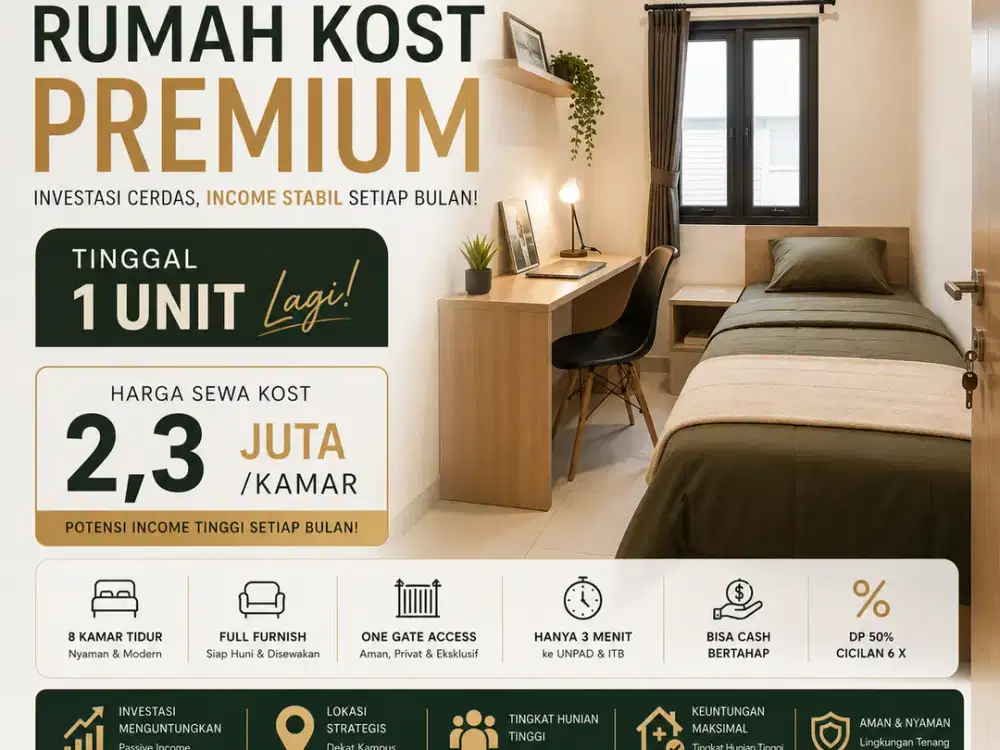 Kosan Exclusive Jatinangor Income Ratusan Juta, Hanya 1 Unit Terakhir 8 Kamar Tidur