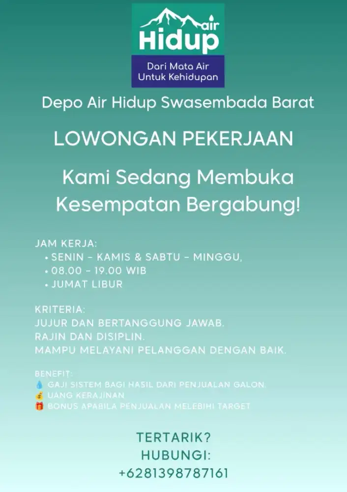 Lowongan Kerja Karyawan Depo Air Minum