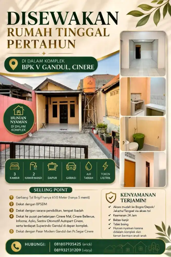 Disewa Rumah Nyaman Bersih & Strategis Komplek BPK V Cinere Gandul