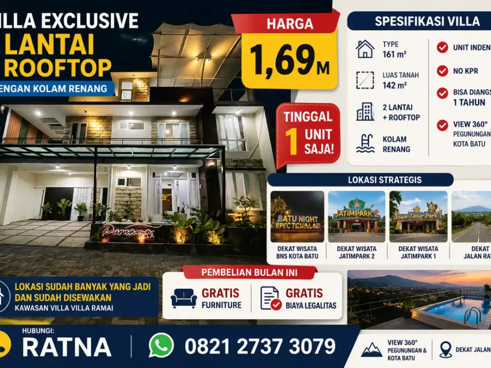 Villa Mewah 2 Lantai Rooftop Dekat BNS Kota Batu | Kolam Renang | Type 161/142