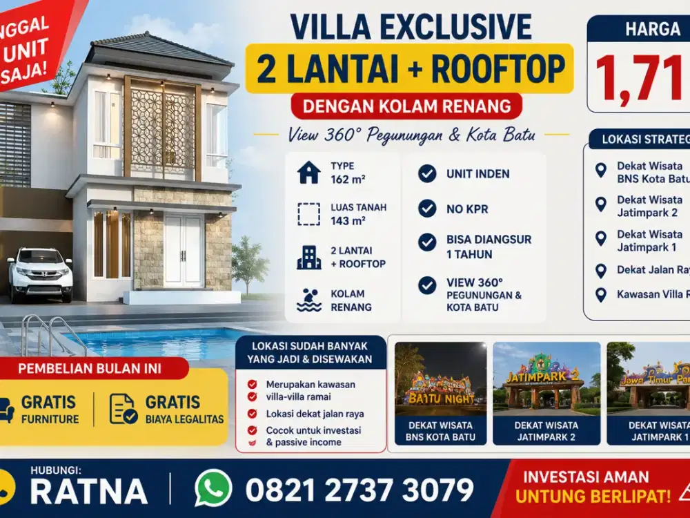 Investasi Villa Kota Batu Dekat Jatim Park | Rooftop & Private Pool | No KPR