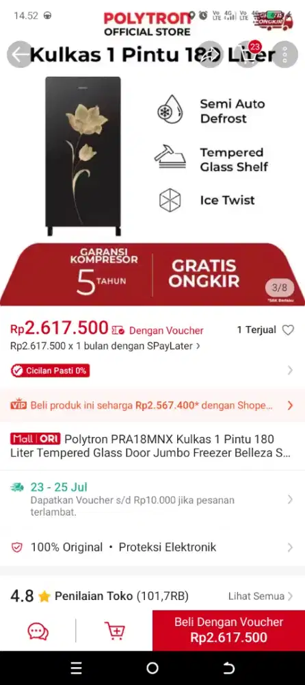 Kulkas Polytron 180L likenew mulus seperti baru garansi kompresor 5th