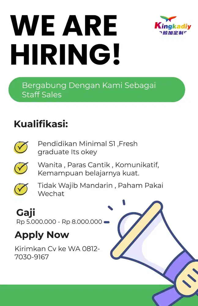 DICARI STAFF SALES / ADMIN SALES WAJIB CEWEK , S1