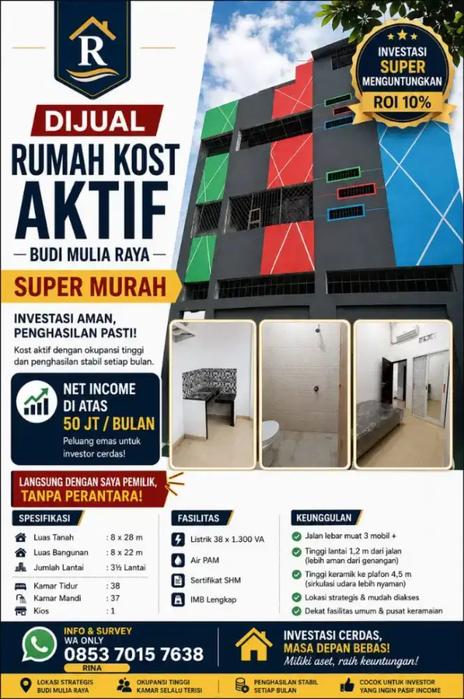 Dijual Kost 38 Kamar | ROI 10% l Net Income diatas 50 Juta/Bulan