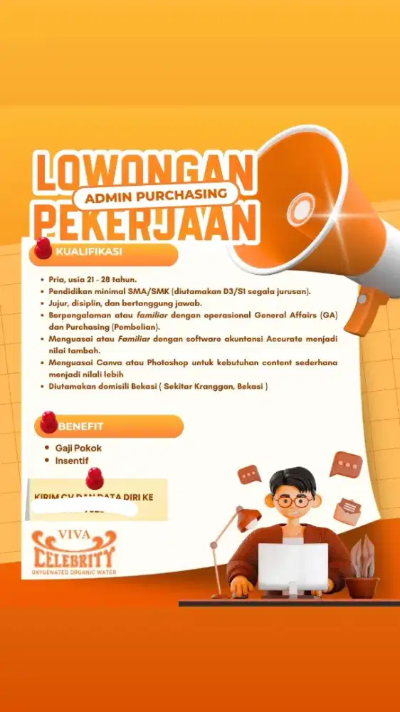 Lowongan pekerjaan Admin Purchasing Pabrik air Viva Celebrity