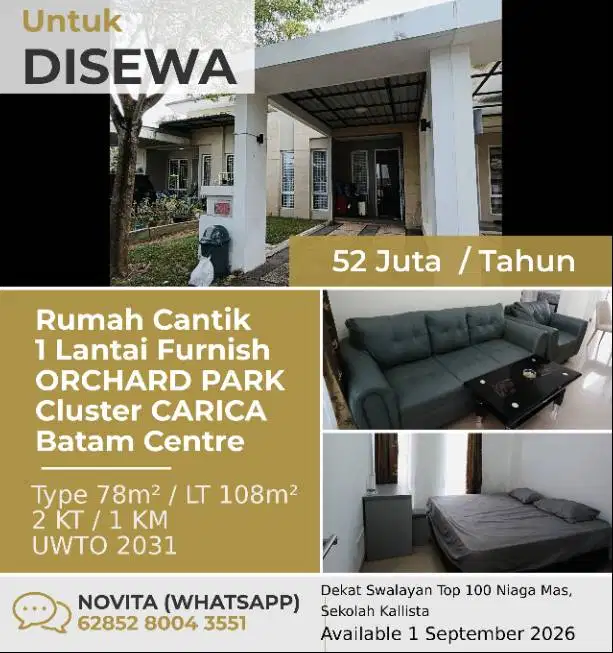 Rumah Cantik 1 Lantai Furnish ORCHARD PARK Cluster CARICA Batam Centre