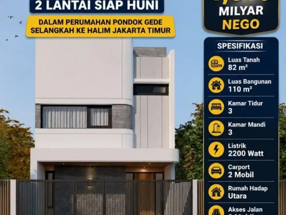 961 Hunian Modern 2 Lt Strategis Akses 2 Mobil dalam Perumahan di Pondok Gede