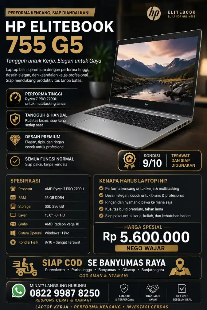HP EliteBook 755 G5 Ryzen 7Pro | RAM16GB | SSD 256GB | Mulus SiapPakai