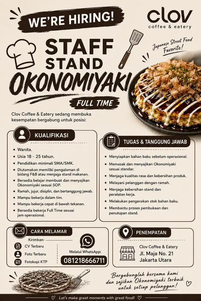 Dibutuhkan karyawati untuk Jaga Stand Martabak Jepang