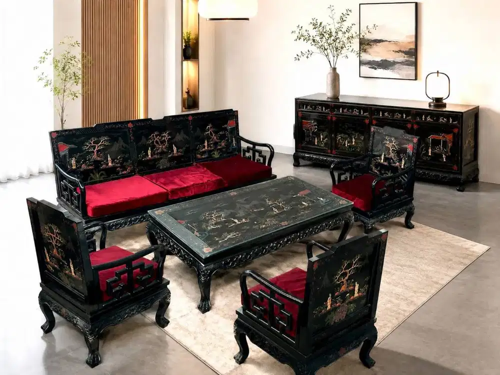 Furniture Mewah Sofa Kayu Set Meja Lemari Motif Oriental Black Red