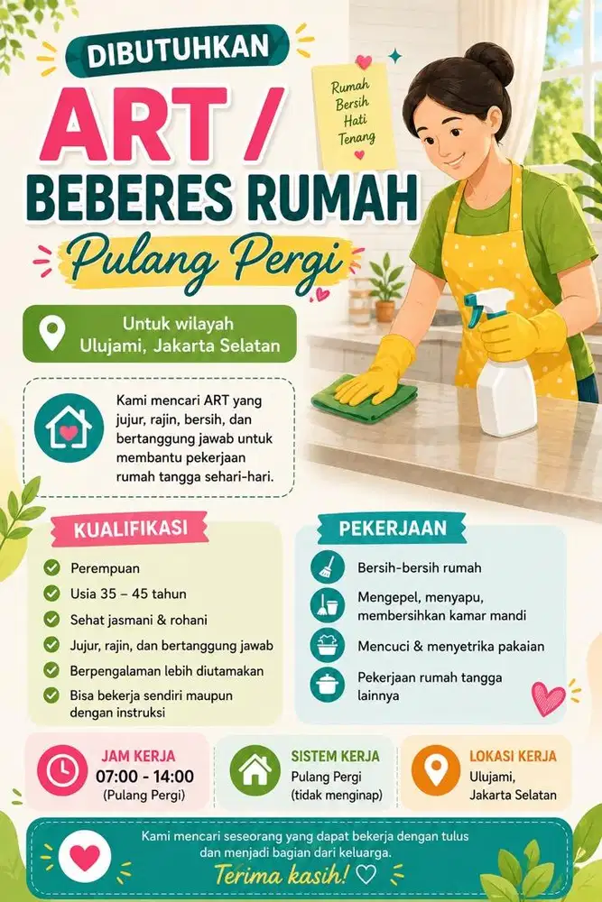 Dicari ART pulang-pergi yang jujur, rajin, bersih, dan bisa dipercaya.