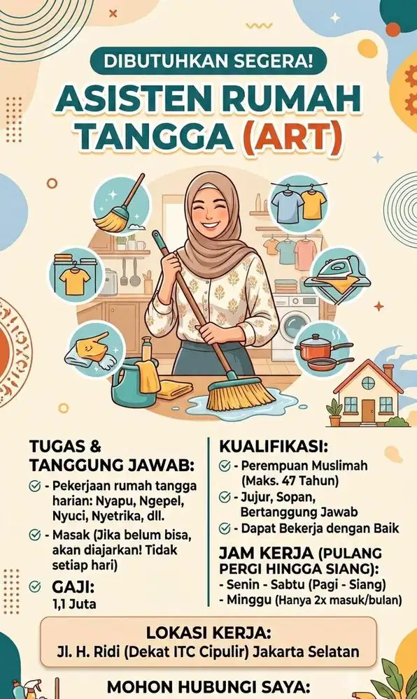 Lowongan kerja Asisten Rumah Tangga (ART) di dekat ITC Cipulir