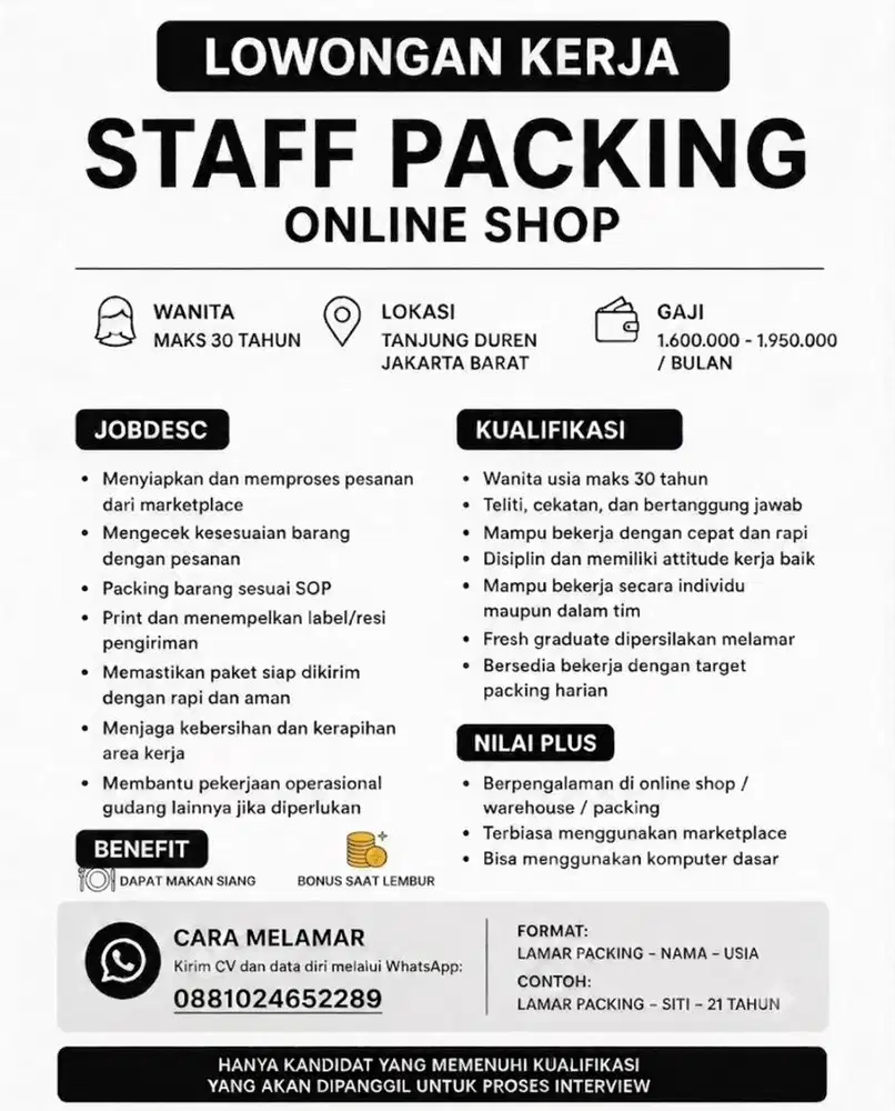 LOKER LOWONGAN KERJA STAFF PACKING ONLINE SHOP
