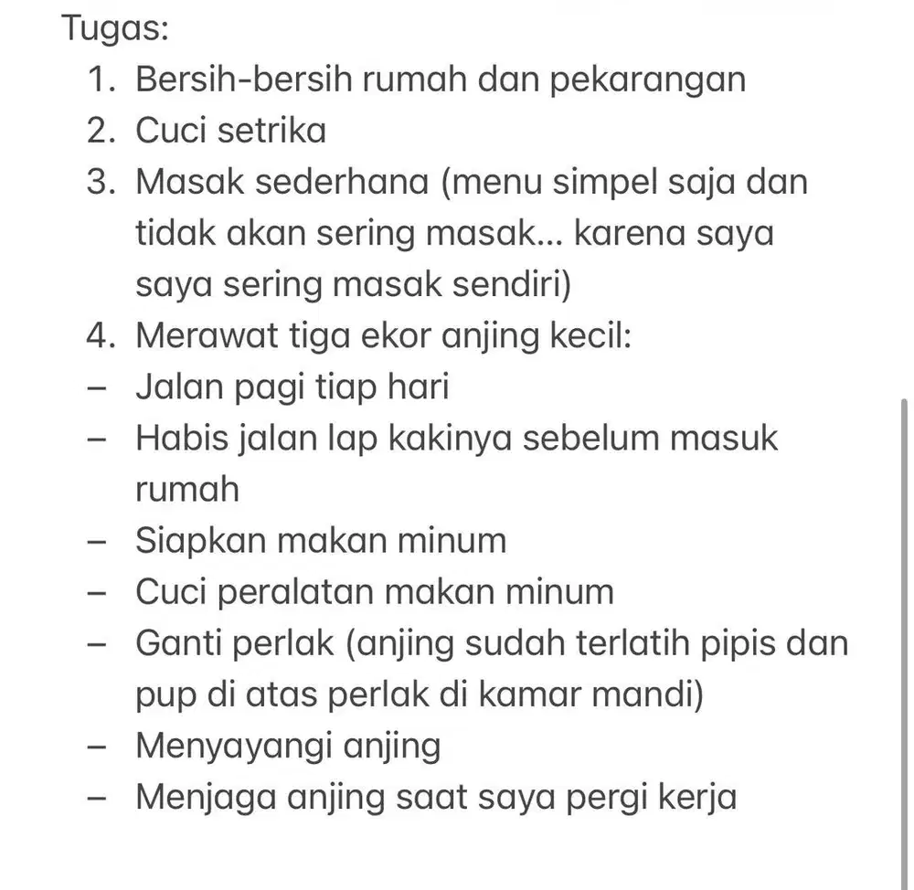 Dicari ART Wanita Menginap Sayang Anjing