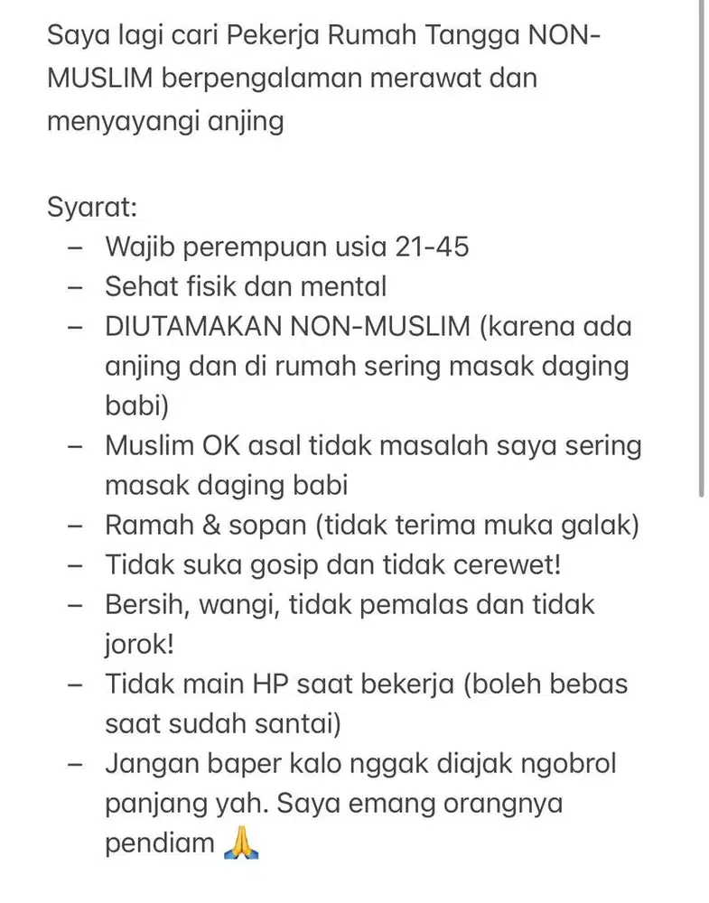 Dicari ART Wanita Menginap Sayang Anjing