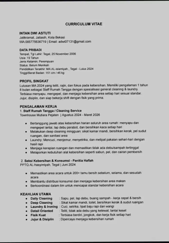 Saya lagi cari kerja di bidang Housekeeping atau semacamnya