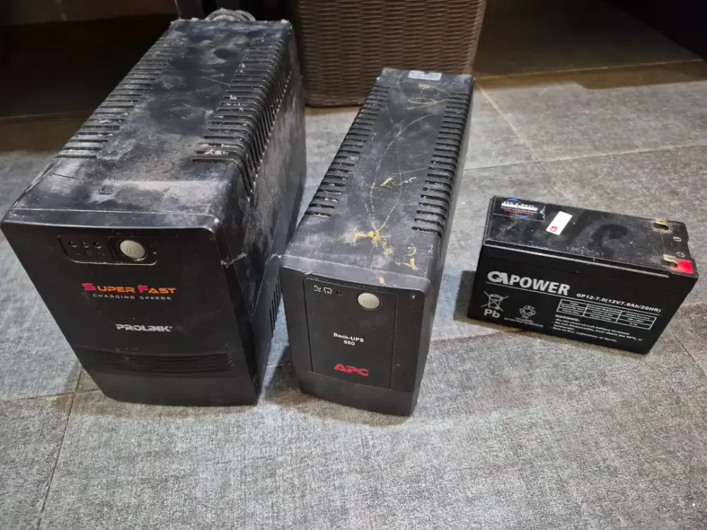 UPS Prolink Pro1201SFCU 1200 Watt dan APC BX650LI-MS 650 Watt dan Aki