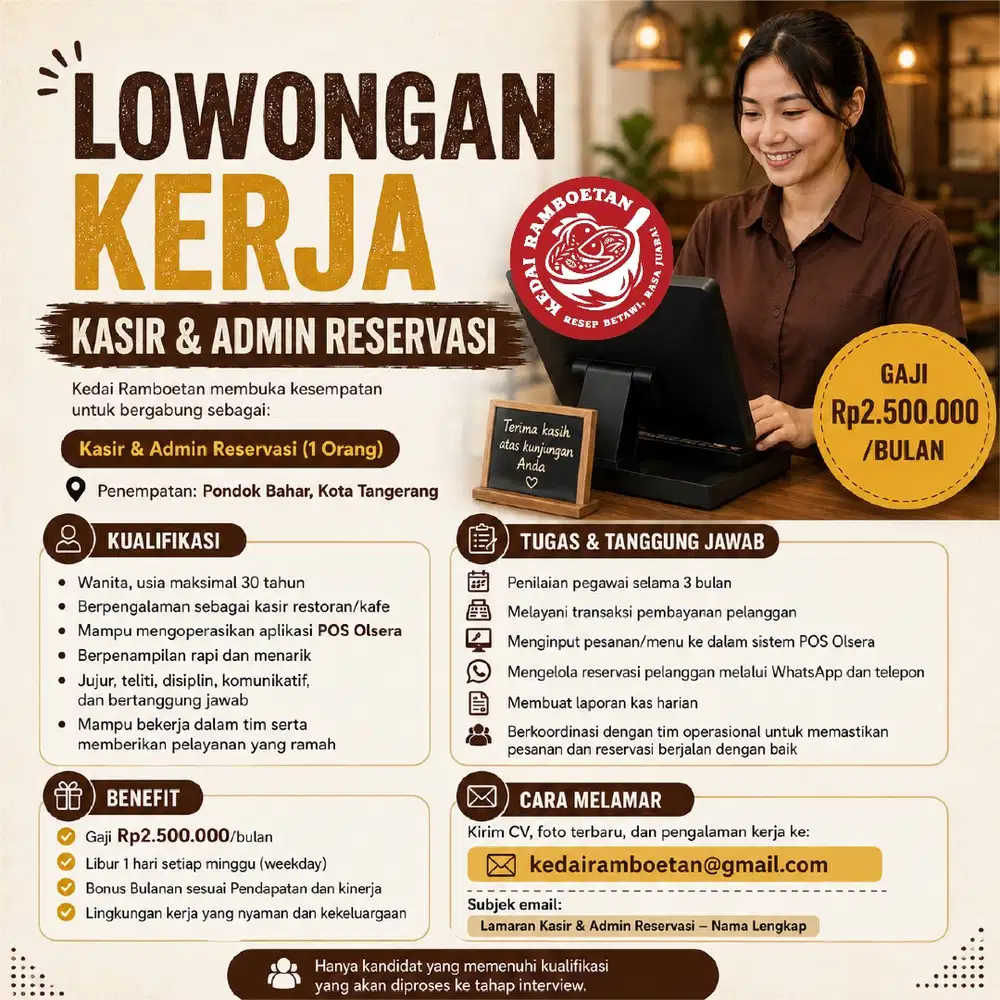 LOWONGAN KERJA – KASIR & ADMIN RESERVASI