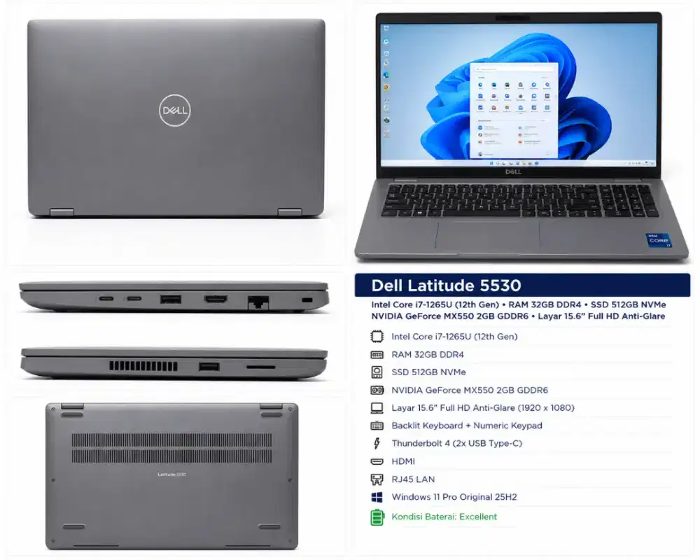 Dell Latitude 5530 i7 Gen 12 MX550 32GB Battery Excellent Win11 Pro