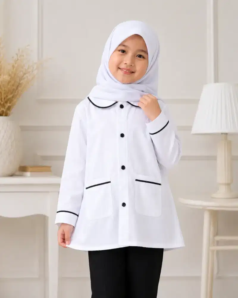 Atasan Muslim Anak Perempuan Katun Micro Putih | Baju Mengaji Sekolah