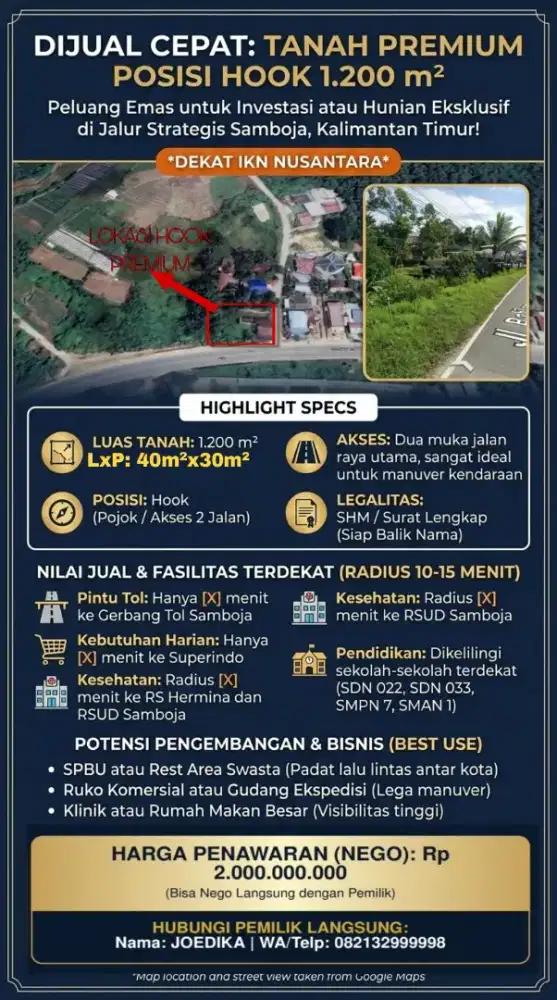 DIJUAL CEPAT (TURUN HARGA!): TANAH PREMIUM DI IKN POSISI HOOK 1.200m²