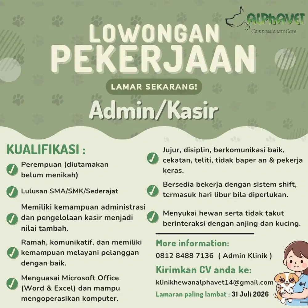 Lowongan Pekerjaan Admin / Kasir