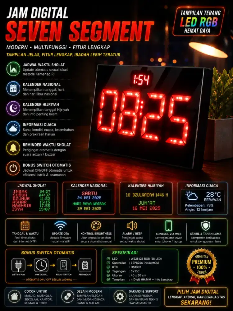 Jam digital seven segmen jadwal waktu sholat fitur lengkap