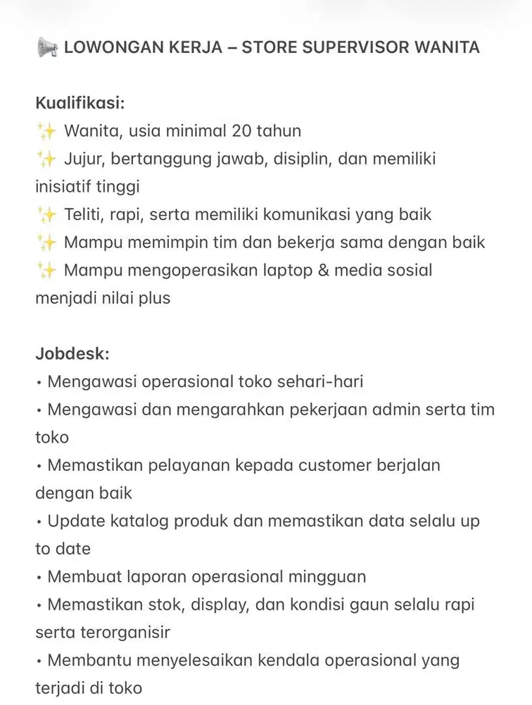 LOWONGAN KERJA - Store Supervisor Wanita