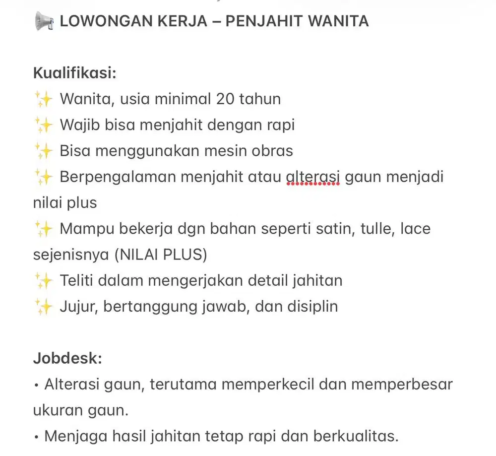 LOWONGAN KERJA - Penjahit Wanita