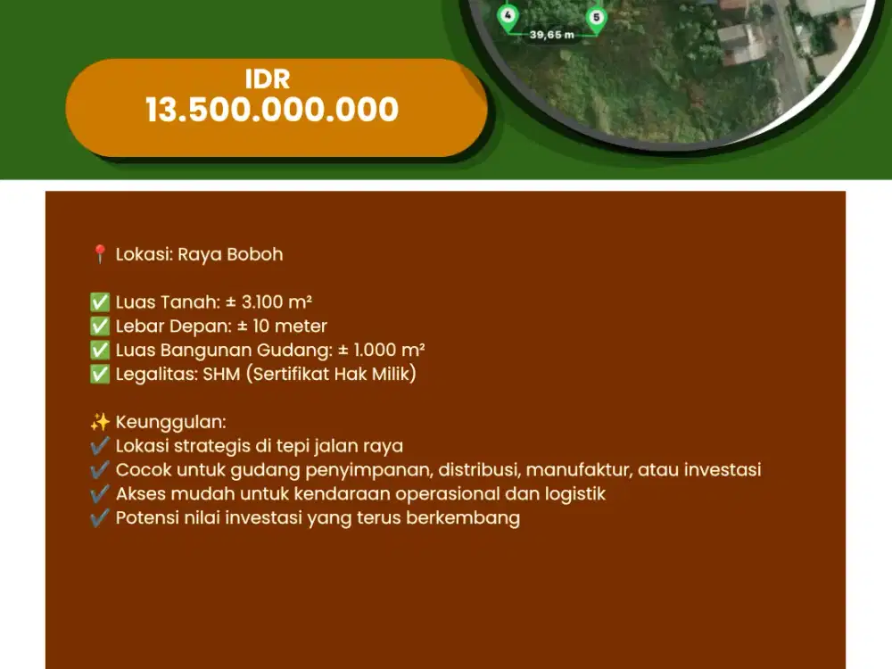 DIJUAL GUDANG STRATEGIS  RAYA BOBOH