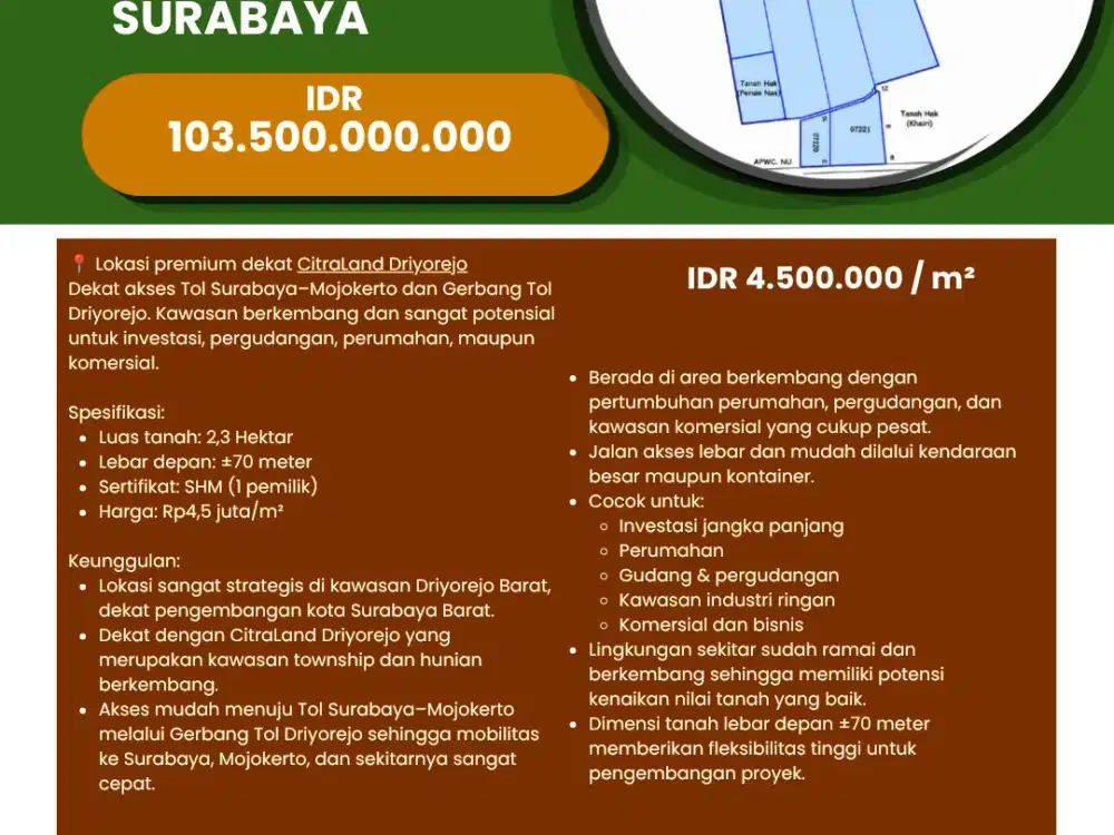 Dijual  Tanah 2.3 Ha   Driyorejo Barat Surabaya