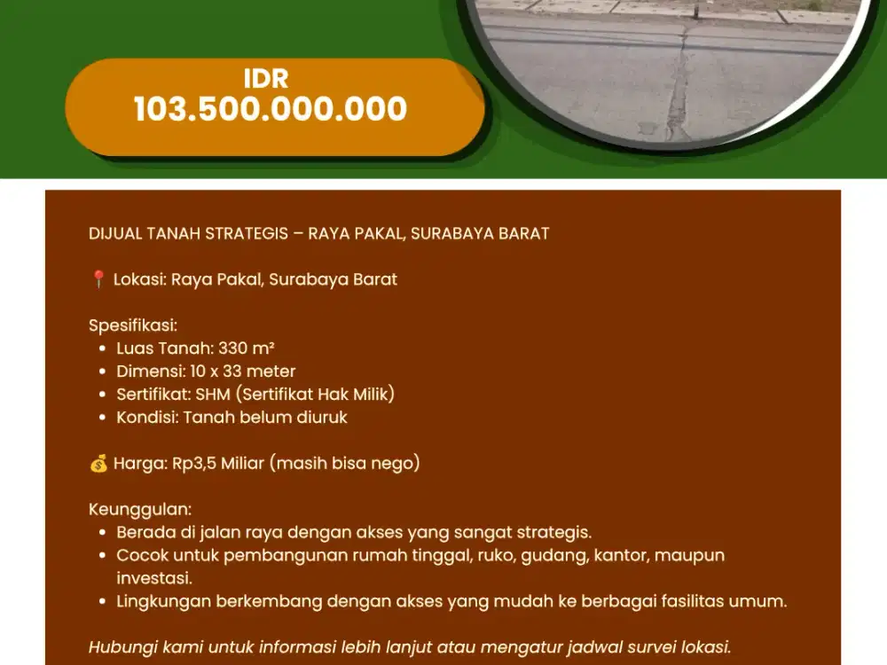 Dijual Tanah Raya Pakal Surabaya