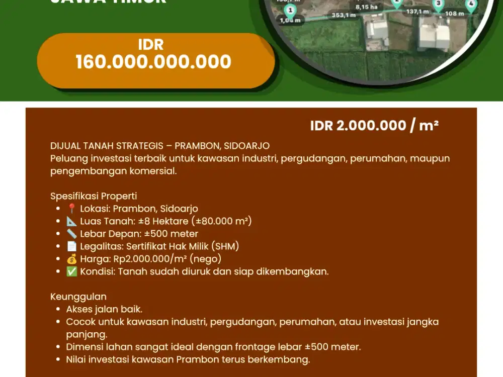 Dijual Tanah  8 Hektar Prambon-Sidoarjo  Jawa Timur