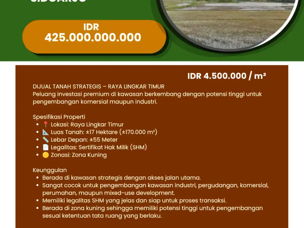 Dijual Tanah  17 Hektar Raya Lingkar  Timur Sidoarjo