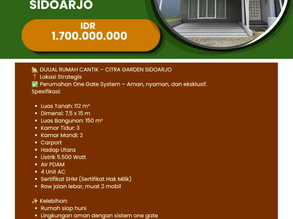 DIJUAL RUMAH CANTIK  CITRA GARDEN SIDOARJO