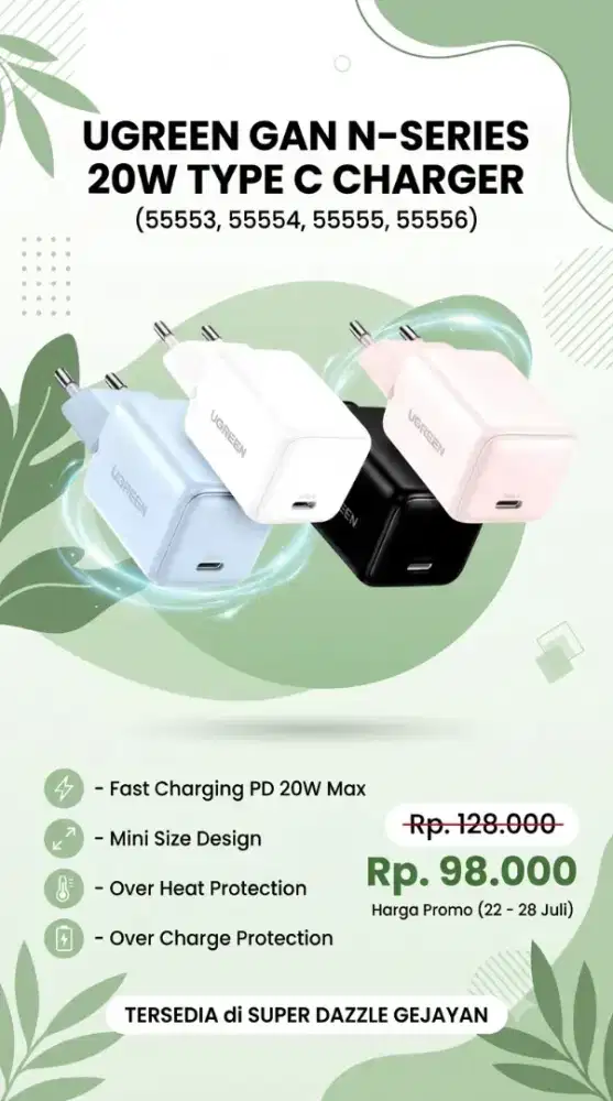 UGREEN GAN N-SERIES 20W TYPE C CHARGER (55553, 55554, 55555, 55556)
