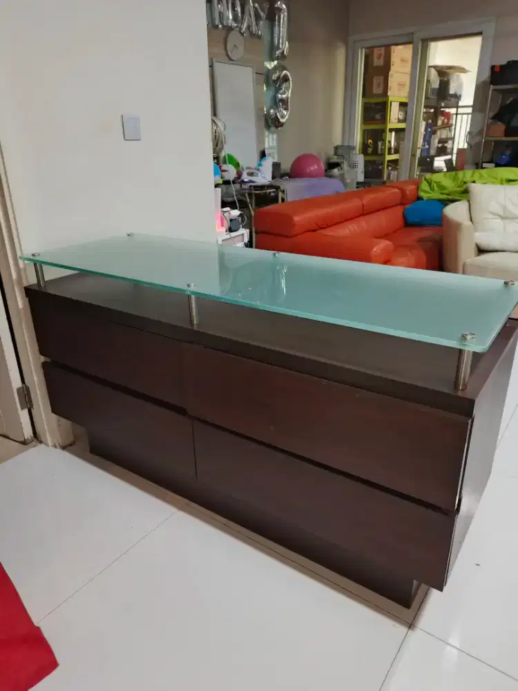 PROMO meja kayu kaca tebal 4 penyimpanan