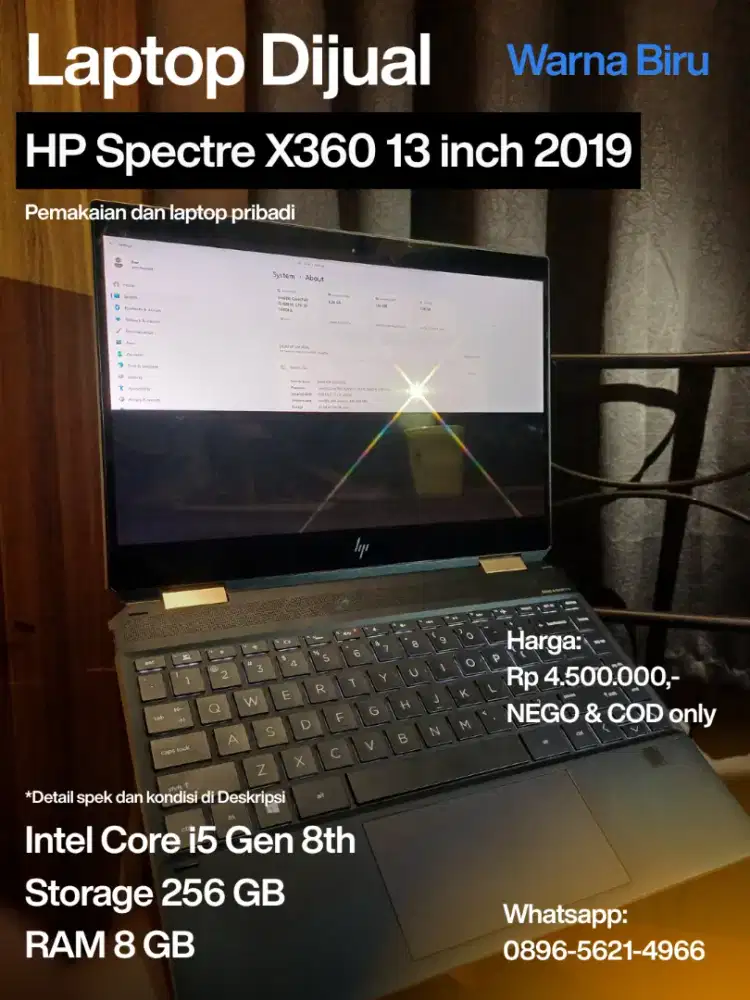 LAPTOP HP SPECTRE X360 13 INCH 2019, INTEL I5 GEN 8, 8/256GB, TOUCHSCR