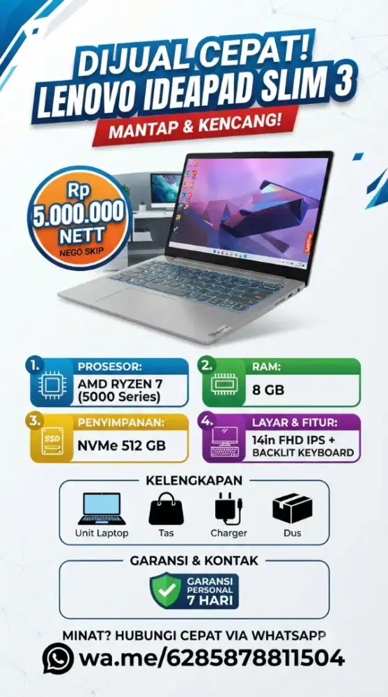 DIJUAL CEPAT! LENOVO IDEAPAD SLIM 3 (MANTAP & KENCANG)
​