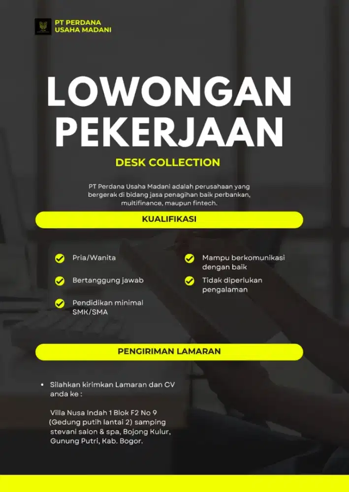LOWONGAN KERJA PT PERDANA USAHA MADANI