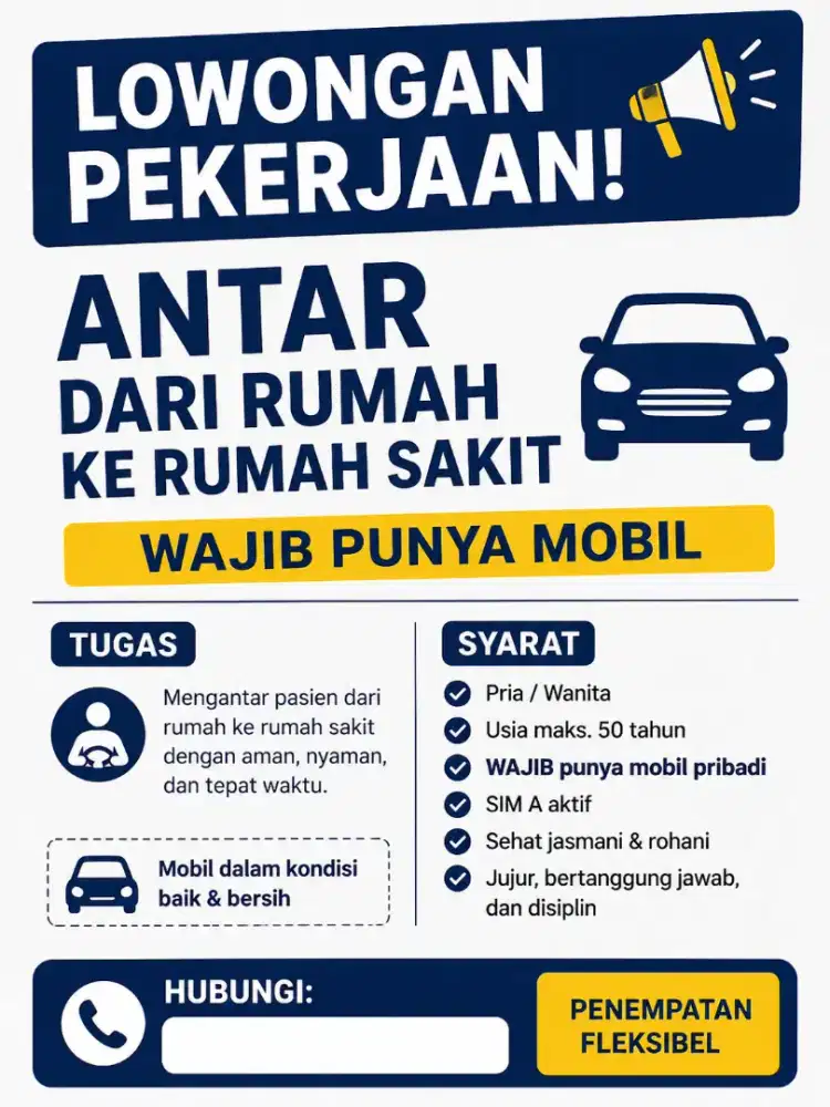 Lowongan Driver Antar Jemput ke RS