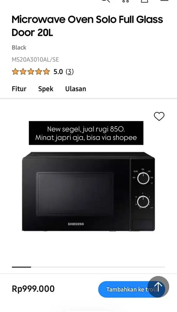 WTS SEGEL! Microwave oven solo full glass door 20L