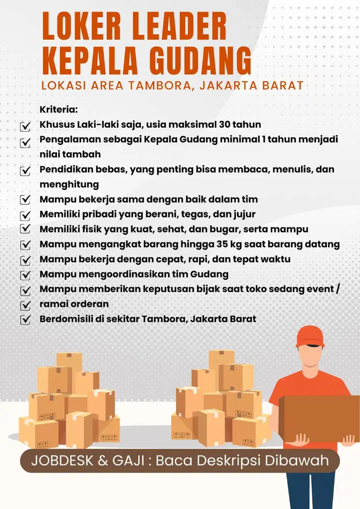 LOWONGAN KERJA LEADER KEPALA GUDANG ONLINE SHOP TAMBORA JAKARTA BARAT